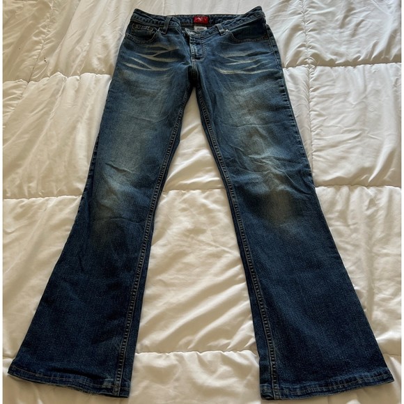 Mossimo Stretch Size 3 Y2K Jeans Indigo Faded Mid-Rise Flared Boot Cut - Picture 5 of 12